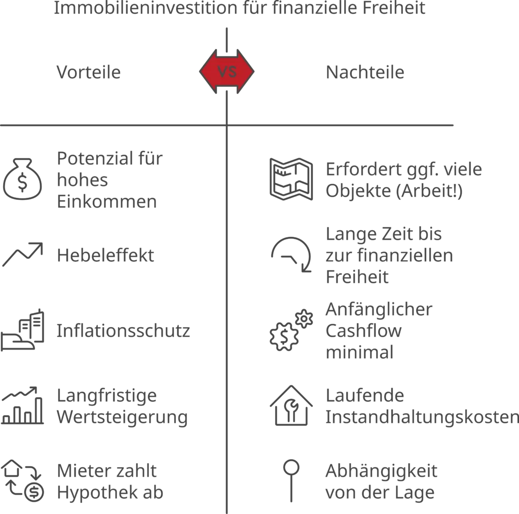 Infografik zu den Vor- und Nachteilen von Immobilien als Vehikel zur finanziellen Freiheit