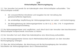 Screenshot von § 25 des Wohnungseigentumsgesetz, welches die rechtlichen Rahmenbedingungen für den Wirtschaftsplan bietet.