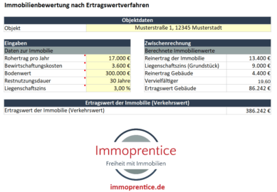 Screenshot des Immoprentice Ertragswertverfahren Excel Rechner. Ein Tool um kostenlos den Wert deiner Immobilie oder Wohnung nach dem Ertragswertverfahren zu berechnen.