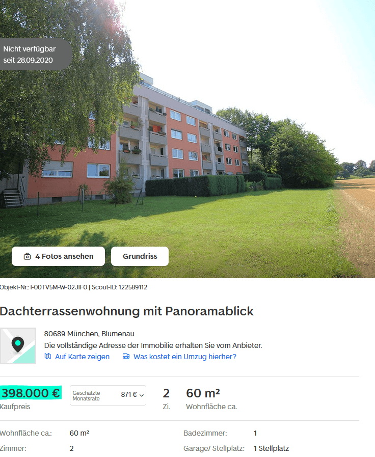 Beispiel Exposé aus Immobilienscout24 für diesen Artikel: Eine 60qm Wohnung am Stadtrand von München