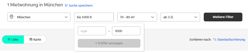 Screenshot von einer Mietwohnungs-Suche nach 70-80qm großen Dreizimmer-Wohnungen in München mit maximal 1000€ Nettokaltmiete. (Quelle: immobilienscout24.de)