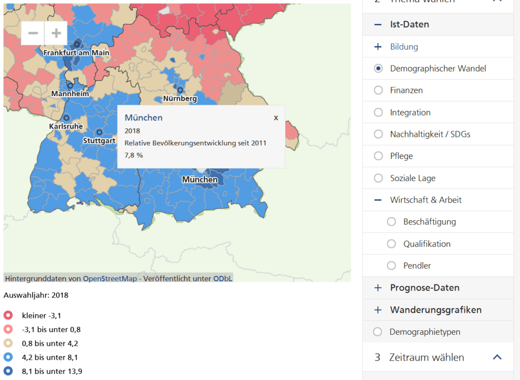 Screenshot der Bevölkerungsentwicklung in München zwischen 2011 und 2018: Wachstum um 7,8% (Quelle: wegweiser-kommune.de, ein sehr hilfreiches Tool für Immobilien-Investoren)