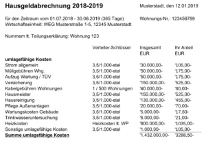 Beispiel für eine Hausgeldabrechnung für das Wirtschaftsjahr 2018 / 2019 für den Umlagefähigen Teil des Hausgeld.