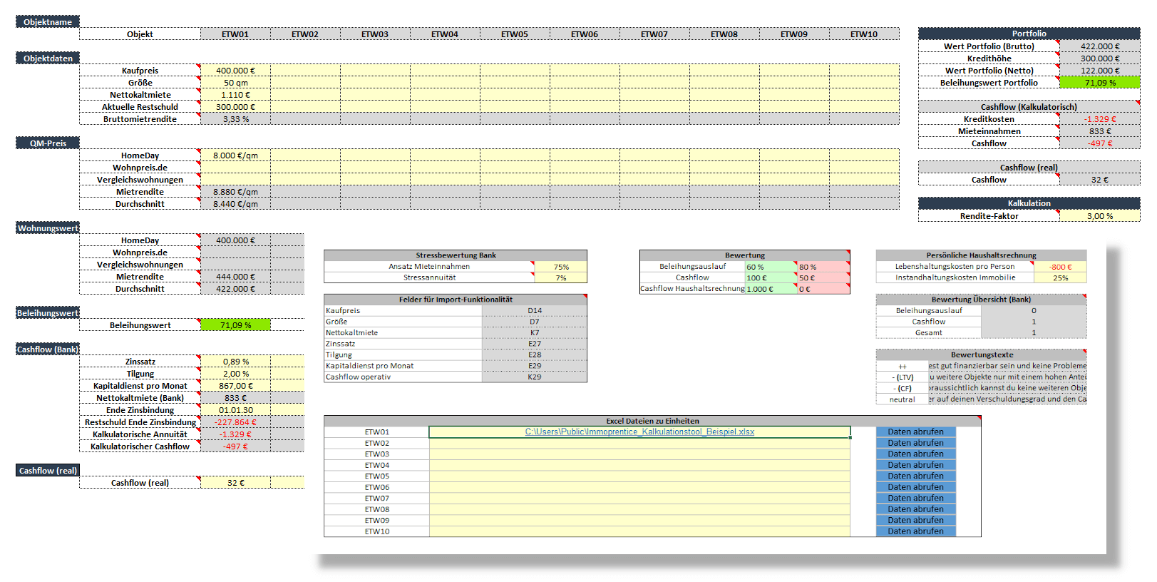 Screenshot des Immoprentice Portfolio Excel für Immobilien. Ein Tool um dein Immobilienportfolio zu managen. (Standard Variante)
