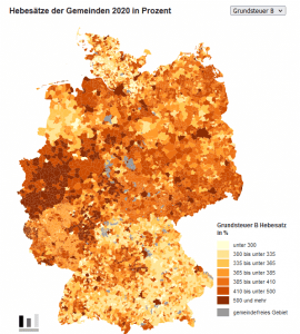 Karte mit den Grundsteuer Hebesätzen für die Grundsteuer B in Deutschland