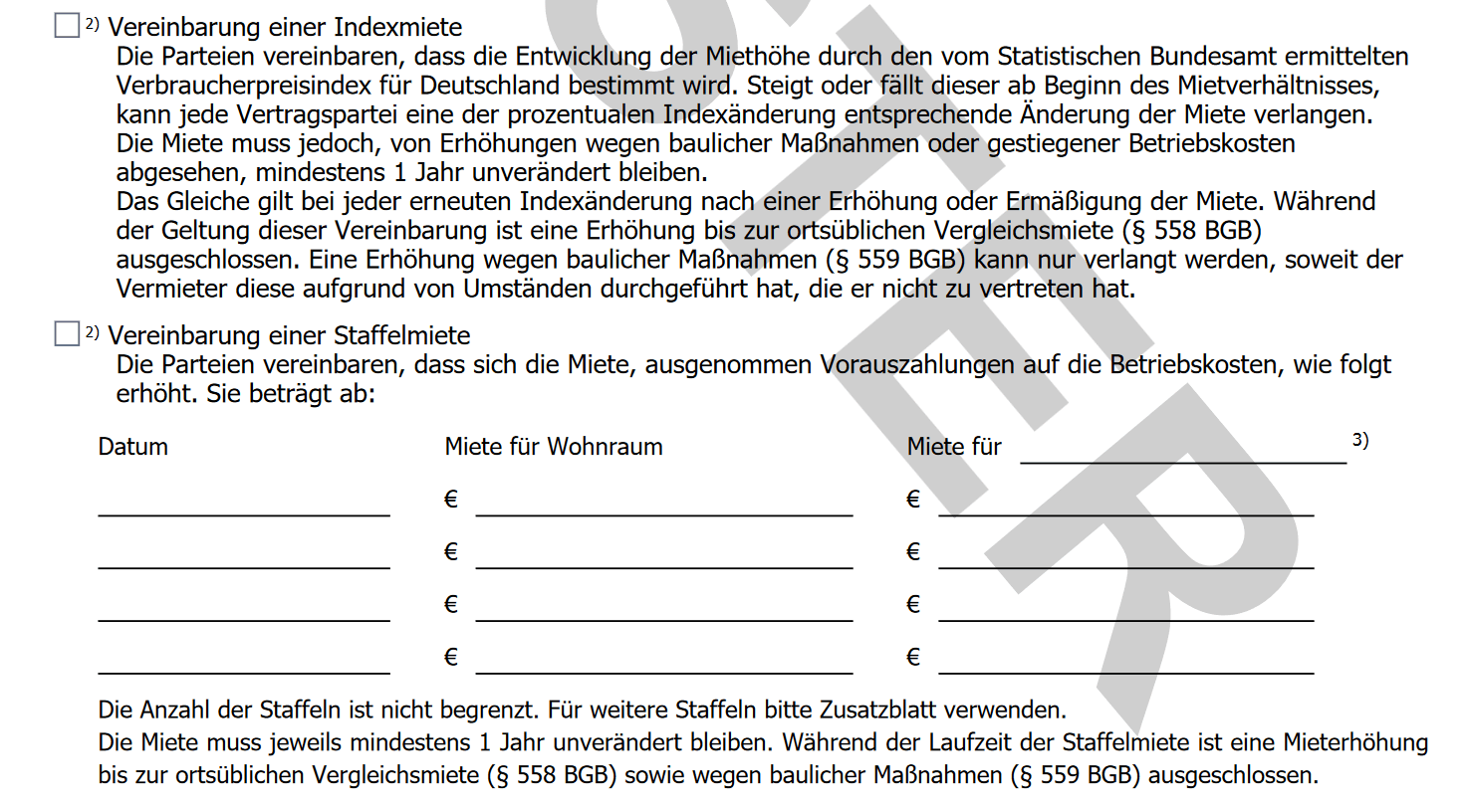 Mustervertrag von Haus und Grund mit Indexmietklausel und Staffelmietklausel.